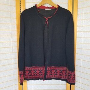 Black Alpaca Sweater Cardigan Red Trim MFH Knits Long Sleeves Made in Peru Med